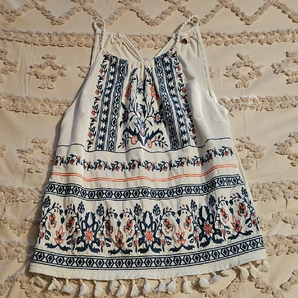 Skies Are Blue Floral Embroidered Tank Top - Cream and Blue